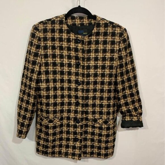𝅺WOMAN’S tweed style coat with button closure. Tan/black. Size 8. Front pockets. - Picture 1 of 8